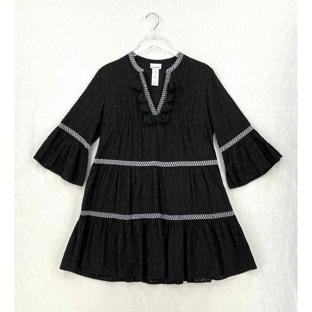 TOMMY BAHAMA Textured Tiered Short Dress Womens XS Black Cotton Clip Embroidered - Picture 5 of 16